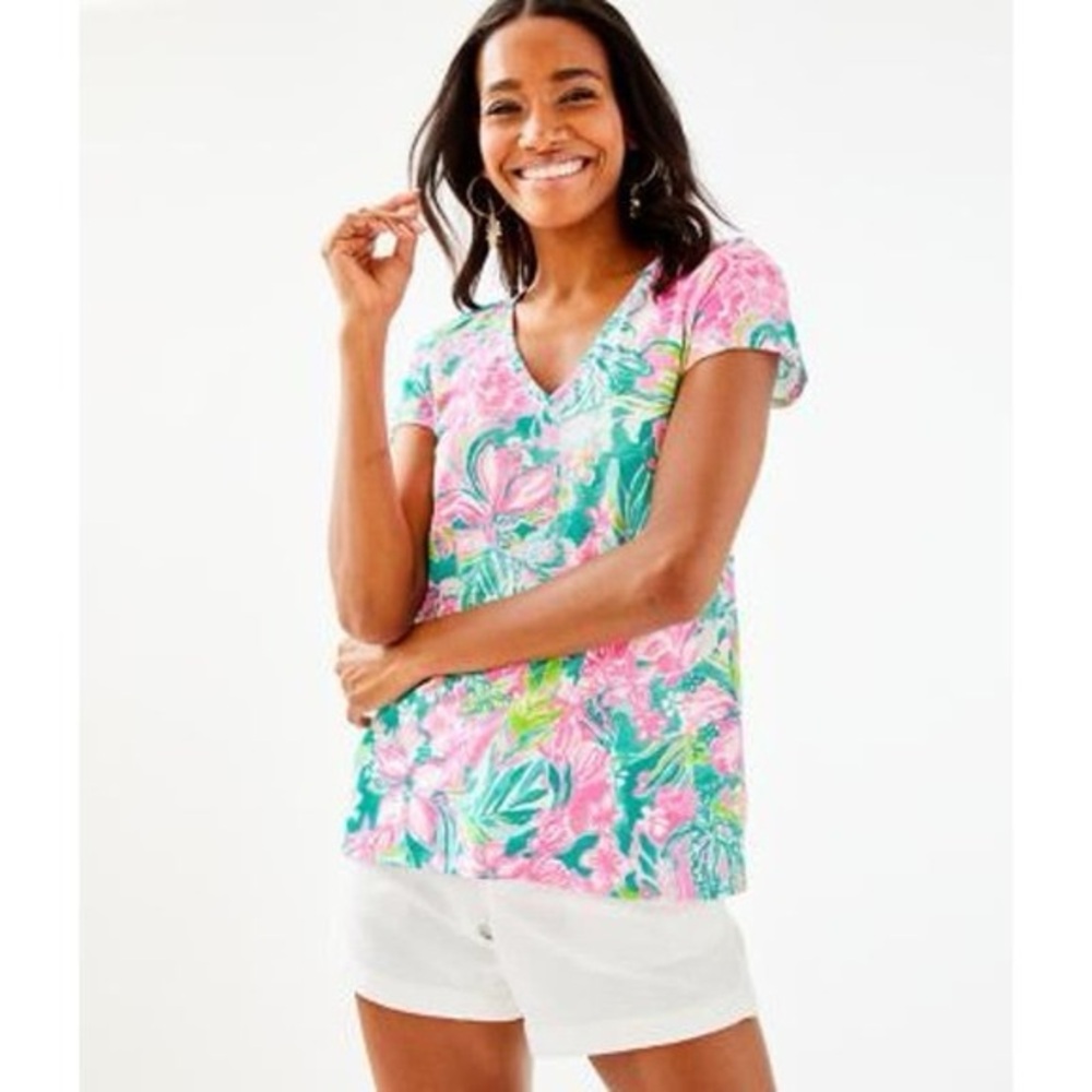 Lilly Pulitzer Etta Top sz large Pink Green tshirt Great used condition